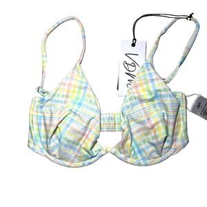 Revolve VDM The Label Heidi White Blue Pastel Plaid Underwire Bikini Top S+ NWT